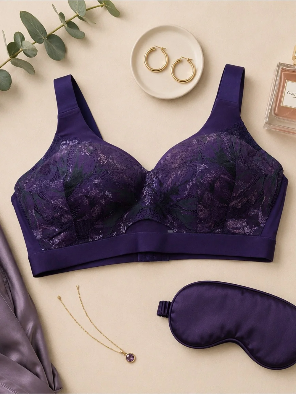 Cacique Purple Lace Wireless Comfort Bra 40DD Shimmer Floral Full Coverage EUC